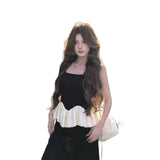 Women Ruffle Hem Tank Top U Neck Sleeveless Peplum Waist Slim Fit Contrast Patchwork Cropped Camisole Casual Street Tops