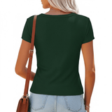 Fitted Henley Top with Ribbed Texture & Button Detail - The Essential Ribbed Henley V - Neck Tee Women’s Blouse - Zeprah