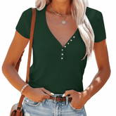 Fitted Henley Top with Ribbed Texture & Button Detail - The Essential Ribbed Henley V - Neck Tee Women’s Blouse - Zeprah