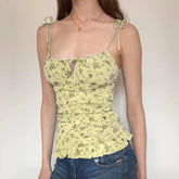 Floral Print Breathable Knitted Eco - Friendly Spandex/Polyester Collarless Sweet Cami Tie Shoulder Straps Color Block Top - Zeprah