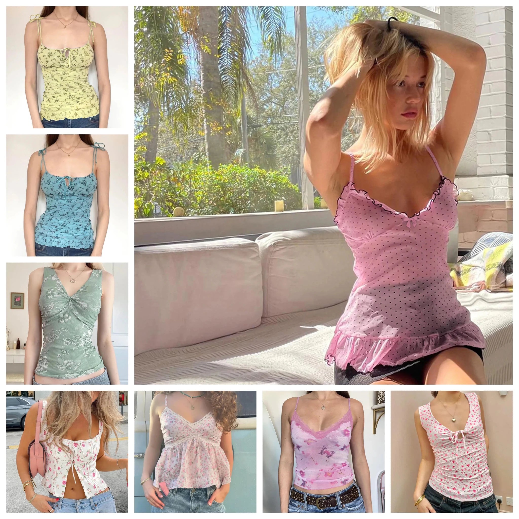 Floral Print Breathable Knitted Eco - Friendly Spandex/Polyester Collarless Sweet Cami Tie Shoulder Straps Color Block Top - Zeprah