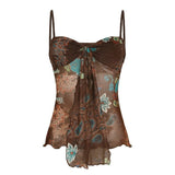 Floral Print Lace Knitted Breathable Eco - Friendly Cami Top Color Block Mesh Panel Tie Detail Sexy for Women - Zeprah