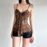 Floral Print Lace Knitted Breathable Eco - Friendly Cami Top Color Block Mesh Panel Tie Detail Sexy for Women - Zeprah