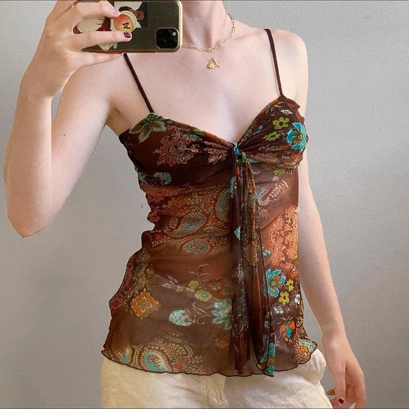 Floral Print Lace Knitted Breathable Eco - Friendly V - neck Spandex/Polyester Cami Top Color Block Mesh Panel Tie Detail Women - Zeprah