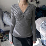 French Elegant Women's Knit Top Twist Detail Long Sleeve Blouse High - End Draped Pullover - Zeprah
