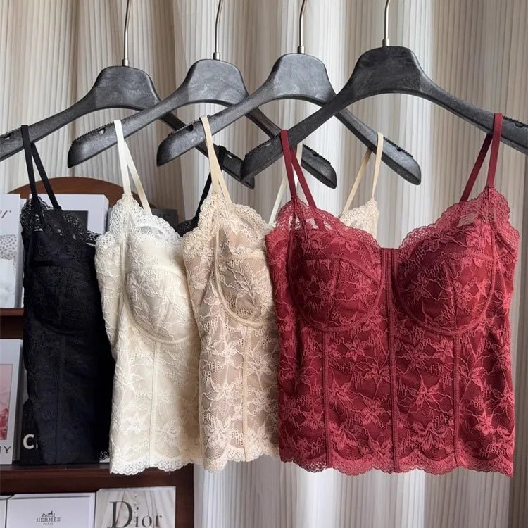 French Lace Camisole with Pad Suspender Fishbone Girl Sexy Lace Seamless Vest Push up Fishbone Bra - Zeprah