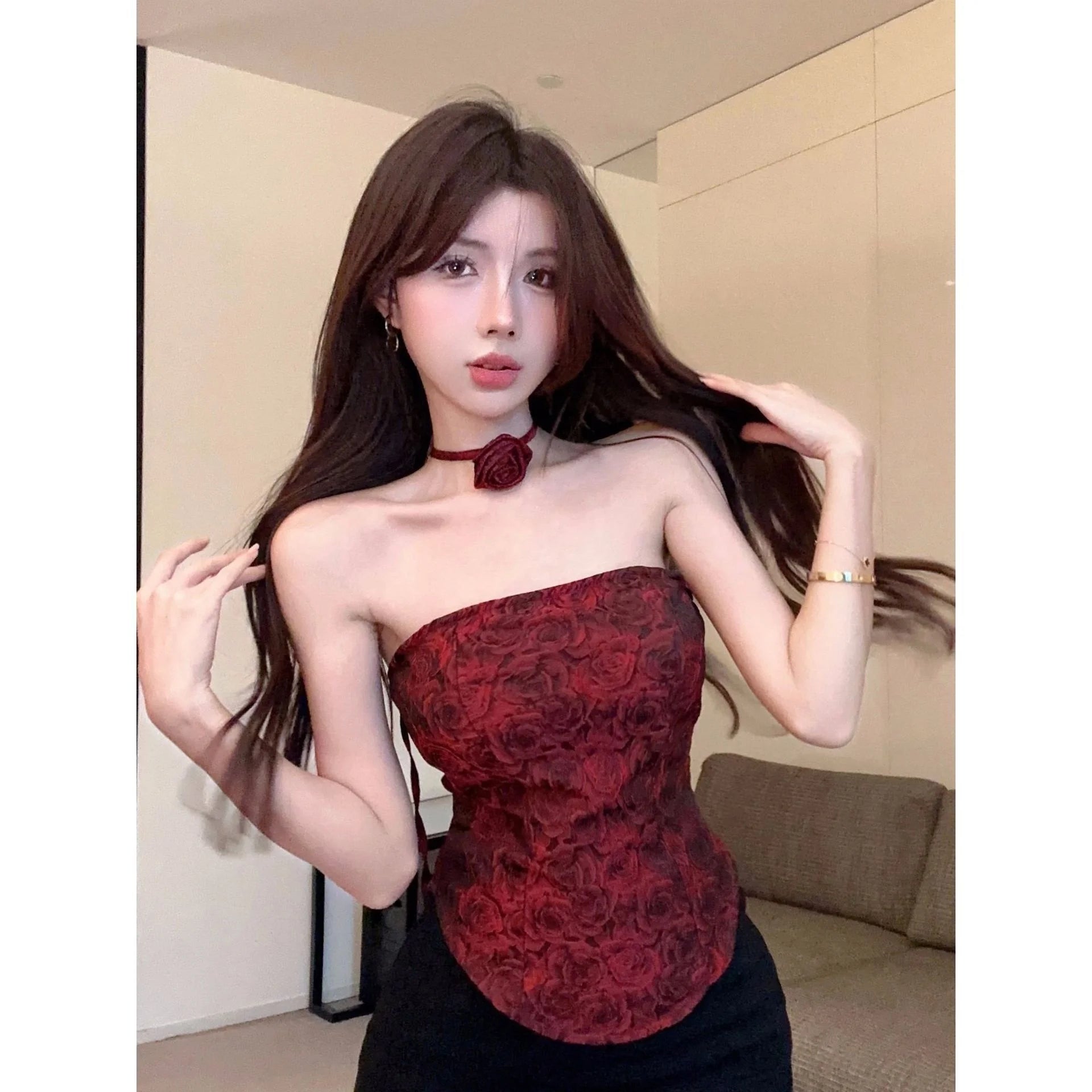 French Sexy Socialite Style Retro Rose Pattern Strapless Women's Summer New Pure Desire Top - Zeprah