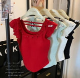 French Square Collar Short - sleeved T-shirt Build in Bra Women's Summer Bow Irregular Design Pure Desire Top - Zeprah