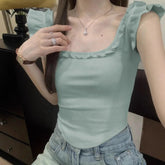 French Square Collar Short - sleeved T-shirt Build in Bra Women's Summer Bow Irregular Design Pure Desire Top - Zeprah