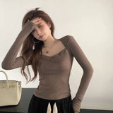 French Style Elegant Square Collar Long Sleeve T-shirt Women's Autumn and Winter New Tight Slimming Shirt Top - Zeprah