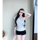 French - style Ruffled Wave Dot Slant Shoulder Women's Summer Slim - fit Design Pure Desire Spice Girl Top - Zeprah