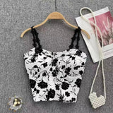 French Stylish Paris Ins Rose Embossed Padded Vest Flower Camellia Camisole Elegant Retro Femme Women Lady TanK Crop Top - Zeprah