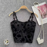 French Stylish Paris Ins Rose Embossed Padded Vest Flower Camellia Camisole Elegant Retro Femme Women Lady TanK Crop Top - Zeprah