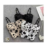 French Stylish Paris Ins Rose Embossed Padded Vest Flower Camellia Camisole Elegant Retro Femme Women Lady TanK Crop Top - Zeprah