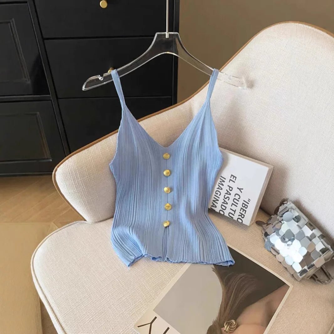 French V - neck Single - breasted Knitted Halter Top Women's Summer Sleeveless Comfortable tank - Zeprah