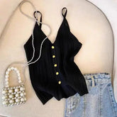 French V - neck Single - breasted Knitted Halter Top Women's Summer Sleeveless Comfortable tank - Zeprah