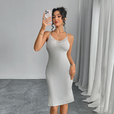 Ribbed Knit Bodycon Cami Dress with Lace Neckline