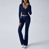Women’s Fleece Two-Piece Tracksuit Set with Quarter Neck Top & Wide-Leg Sweatpants