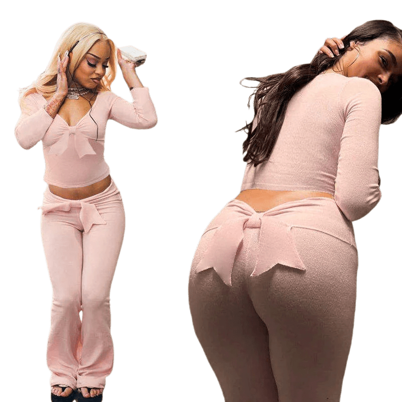 Girls Autumn 2 - Piece Set Sweet Bow Trim Casual High Stretch V - Neck Long Sleeve Top Skinny Knit Soft Pants Breathable - Zeprah
