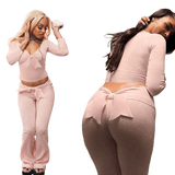 Girls Autumn 2 - Piece Set Sweet Bow Trim Casual High Stretch V - Neck Long Sleeve Top Skinny Knit Soft Pants Breathable - Zeprah