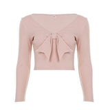 Girls Autumn 2 - Piece Set Sweet Bow Trim Casual High Stretch V - Neck Long Sleeve Top Skinny Knit Soft Pants Breathable - Zeprah