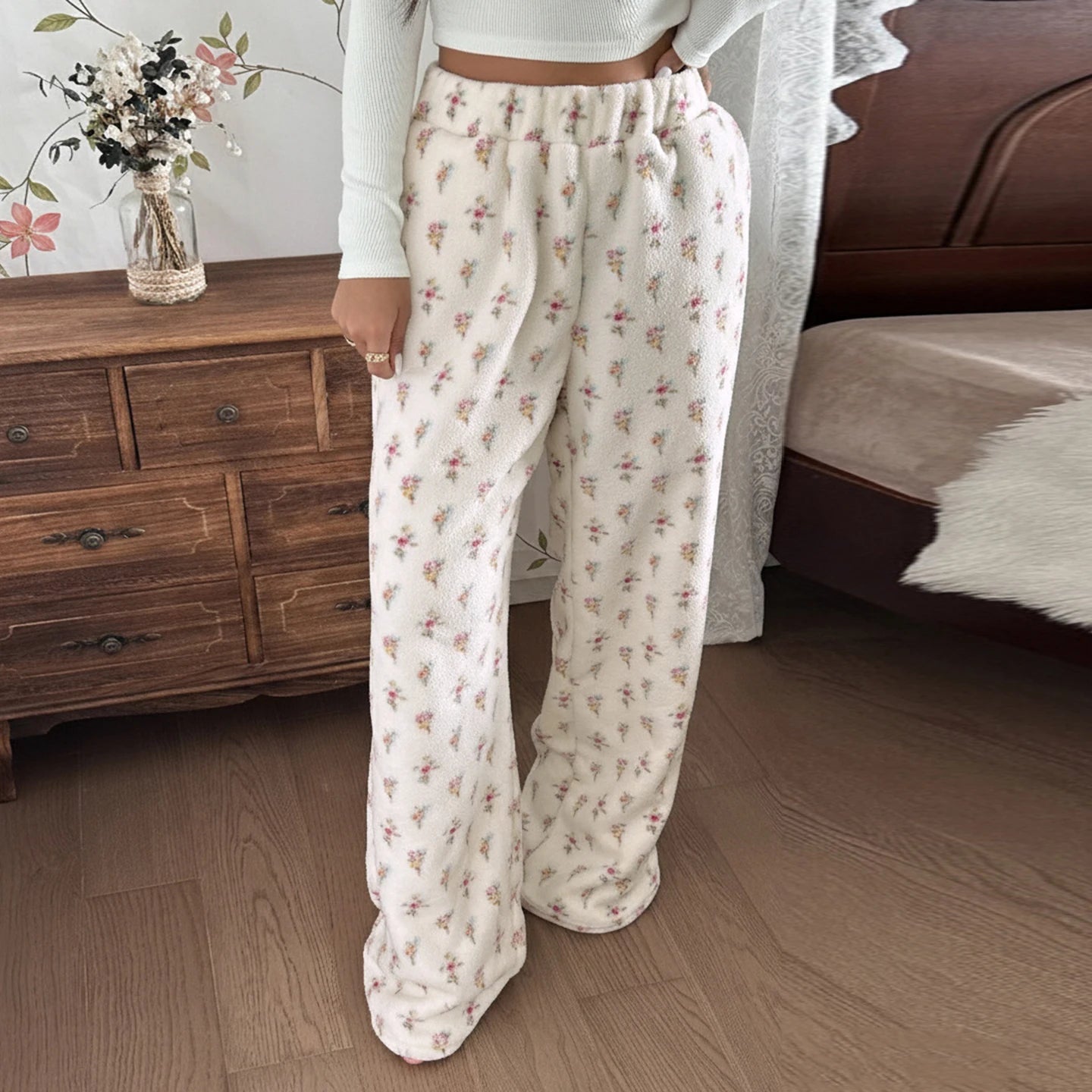 Girls' Colorful Floral Print Plush Pants Winter Cute Cozy Elastic Waist Flat Loose Fit Warm Straight Leg Trousers - Zeprah