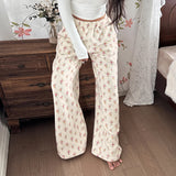 Girls' Colorful Floral Print Plush Pants Winter Cute Cozy Elastic Waist Flat Loose Fit Warm Straight Leg Trousers - Zeprah