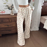 Girls' Colorful Floral Print Plush Pants Winter Cute Cozy Elastic Waist Flat Loose Fit Warm Straight Leg Trousers - Zeprah
