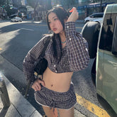 Girls' Plaid Print Vacation 2 - Piece Set Short Sleeve Button Down Shirt with Low Waist Skirt - Zeprah