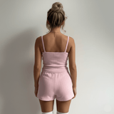 Girls Summer Casual Two - Piece Set , Sleeveless Crop Top & High - Waisted Embroidery Shorts , Above Knee Loungewear with Ruffles (Skinny Fit) - Zeprah