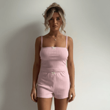 Girls Summer Casual Two - Piece Set , Sleeveless Crop Top & High - Waisted Embroidery Shorts , Above Knee Loungewear with Ruffles (Skinny Fit) - Zeprah