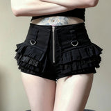 Gothic Eco - Friendly 100% Polyester Canvas Cargo Balletcore Low Rise Shorts Asymmetrical Ruffle Lace Front Zip Dark Wash - Zeprah