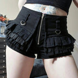 Gothic Eco - Friendly 100% Polyester Canvas Cargo Balletcore Low Rise Shorts Asymmetrical Ruffle Lace Front Zip Dark Wash - Zeprah