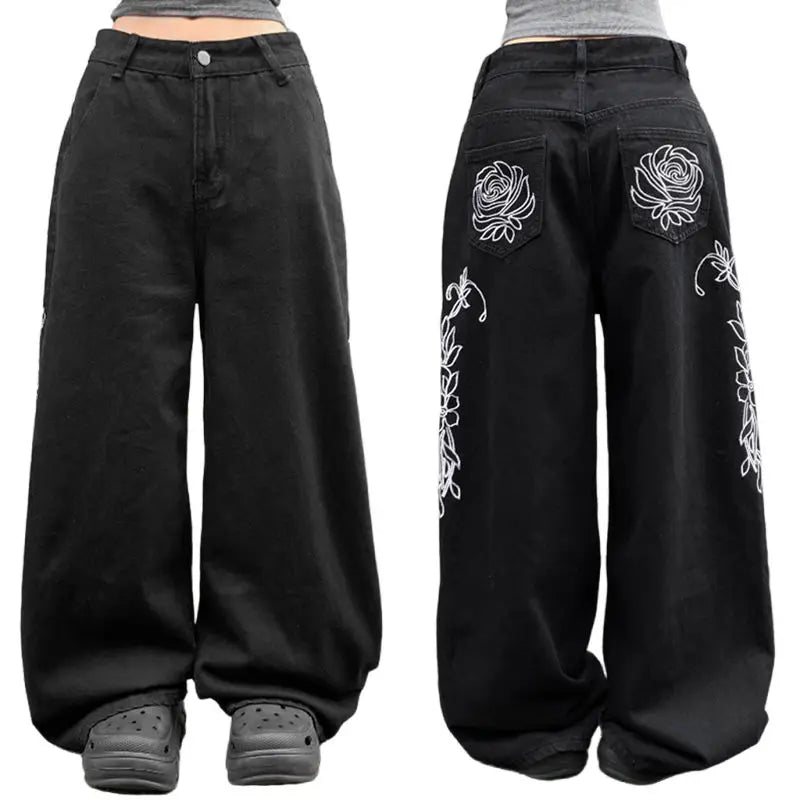 Gothic Loose Baggy Denim Jeans with Contrast Print Low Rise Wide Leg Breathable Button & Zippers Eco - Friendly Factory Direct - Zeprah