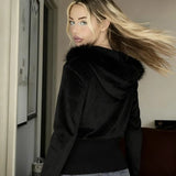 Gothic Velvet Zip - Up Hoodie New Winter Casual Breathable Eco - Friendly with Crystal and Furry Trim Halloween Style - Zeprah