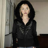 Gothic Velvet Zip - Up Hoodie New Winter Casual Breathable Eco - Friendly with Crystal and Furry Trim Halloween Style - Zeprah