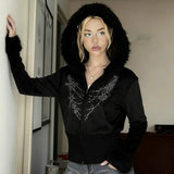 Gothic Velvet Zip - Up Hoodie New Winter Casual Breathable Eco - Friendly with Crystal and Furry Trim Halloween Style - Zeprah