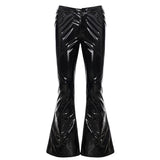 Gothic Winter Patchwork Flat Front Black PU Leather Dance Pants with V - Cut Waist Stretchy Flared Street Style Wide Leg - Zeprah