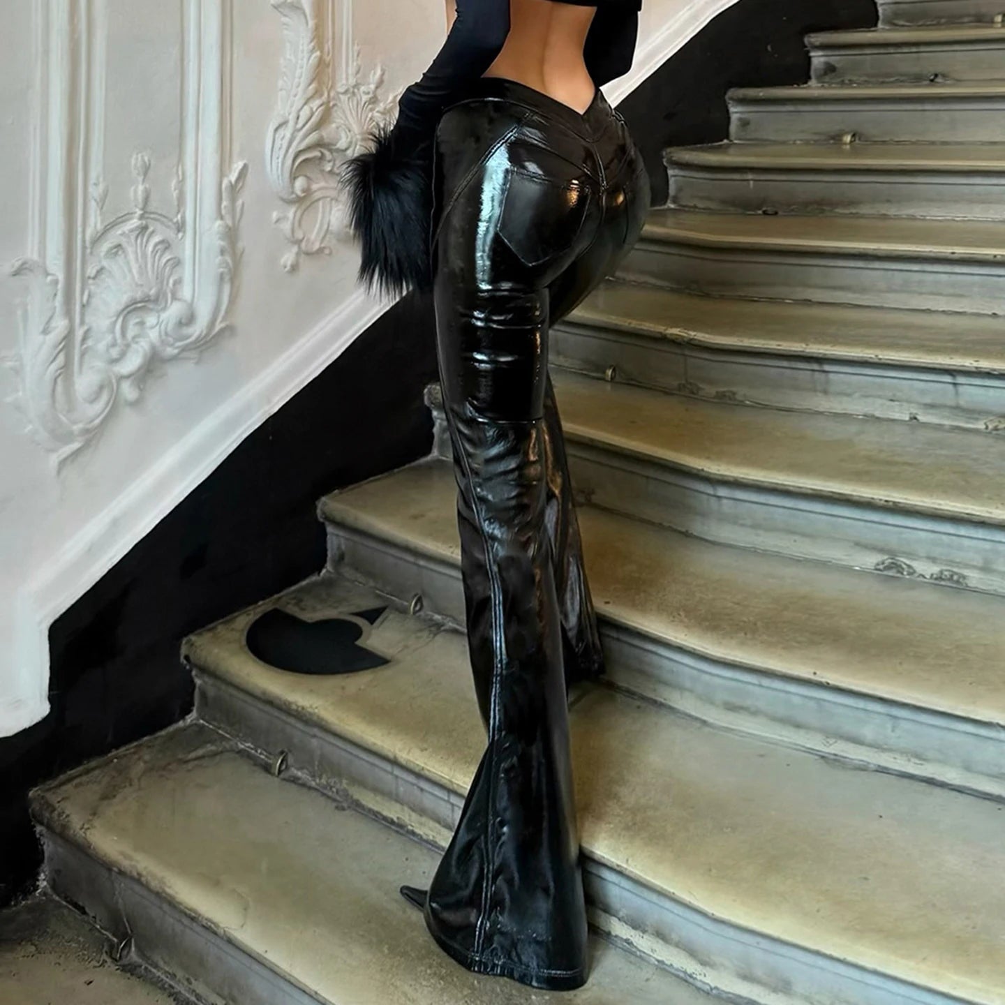 Gothic Winter Patchwork Flat Front Black PU Leather Dance Pants with V - Cut Waist Stretchy Flared Street Style Wide Leg - Zeprah