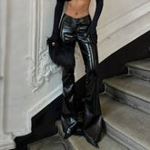 Gothic Winter Patchwork Flat Front Black PU Leather Dance Pants with V - Cut Waist Stretchy Flared Street Style Wide Leg - Zeprah