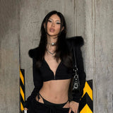 Gothic Winter Women's Short Cropped Black Faux Fur Trim Zip - Up Jacket Long Sleeve Pullover Outerwear - Zeprah