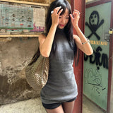 Grey Slim Fit O - Neck Long Women's Tank Tops Patchwork Crocheted Spandex/Polyester Woolen Casual Outdoor High Street Eco - Friendly - Zeprah