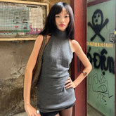 Grey Slim Fit O - Neck Long Women's Tank Tops Patchwork Crocheted Spandex/Polyester Woolen Casual Outdoor High Street Eco - Friendly - Zeprah