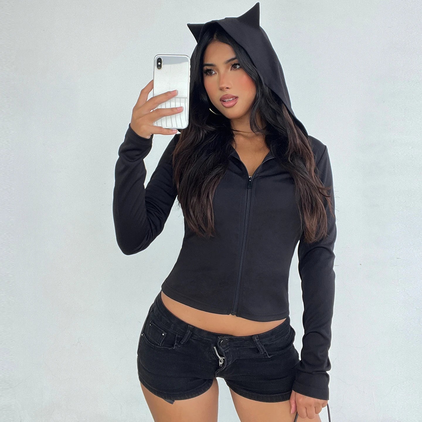 Halloween Autumn Gothic Demon Zip - Up Hoodie Slim Fit Long Sleeve Knitted Eco - Friendly Breathable Solid Color - Zeprah