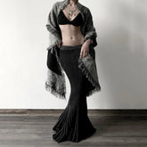 Halloween Dark Fashion Eco - Friendly 100% Polyester Women's Floor - Length Solid Color Pleated Dropped Waist Crocheted Sexy Skirt - Zeprah