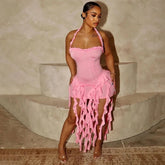 High Quality Solid Color Sexy Ladies Fashion Evening Dress With Tassels Women Ruffle Mini Party Dresses - Zeprah