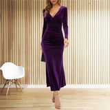 High Quality Women's Sexy V - neck Long Sleeve Solid Color Elegant Ladies Evening Dresses Slim Fit Long Party Dresses - Zeprah