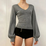 High Quality Women's V - Neck Knitwear - Cashmere & Wool Blend Sweater, Solid Color Thermal Long Sleeve - Zeprah