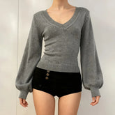 High Quality Women's V - Neck Knitwear - Cashmere & Wool Blend Sweater, Solid Color Thermal Long Sleeve - Zeprah