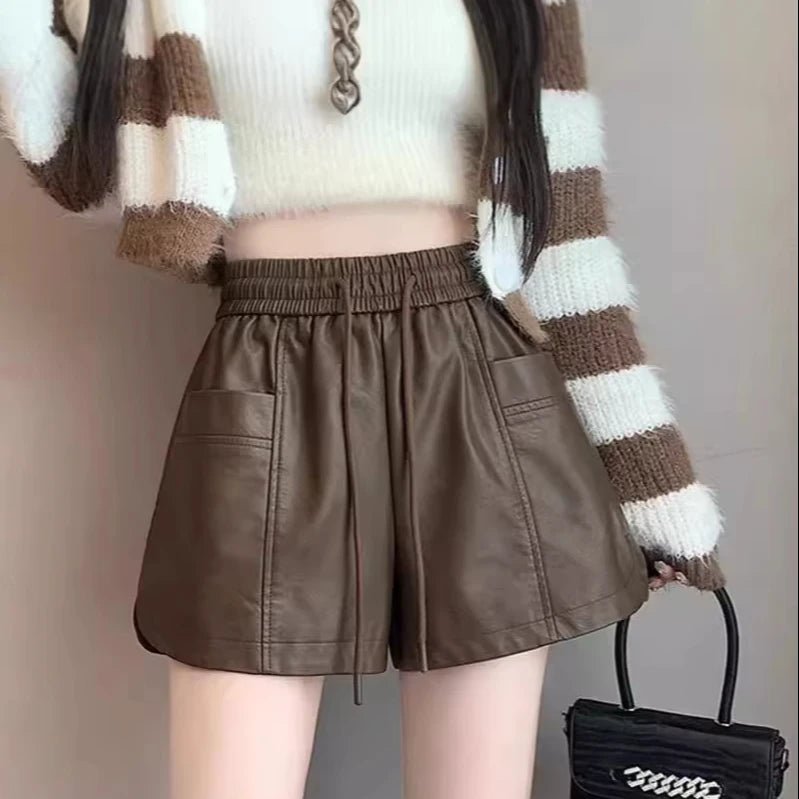 High Waist A - line Boot - pants Shorts Versatile Shorts Plus Size Leather Shorts - Zeprah